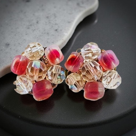 Clip on earrings Vintage Pink earring Mid century glass jewelry clip on earrings - Picture 3 of 14